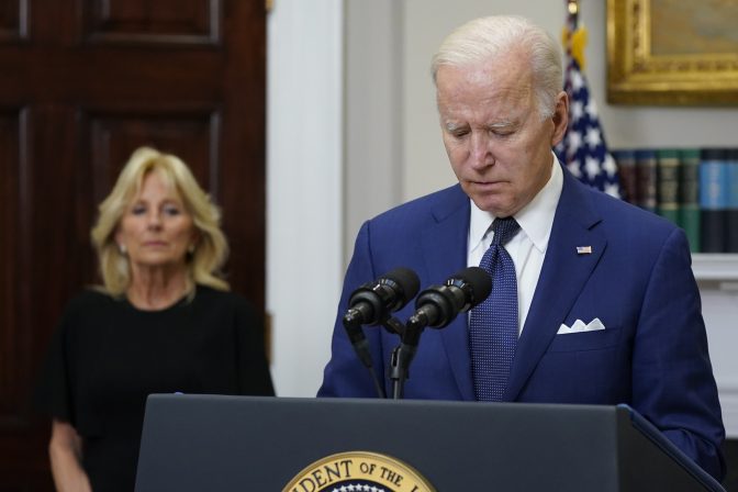 President Joe Biden pauses as he speaks about the mass shooting at Robb Elementary School in Uvalde, Texas, from the Roosevelt Room at the White House, in Washington, Tuesday, May 24, 2022, as first lady Jill Biden listens.