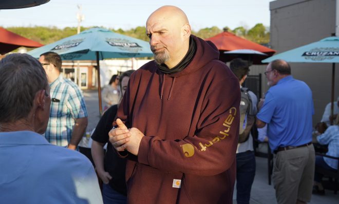 Pennsylvania Lt. Governor John Fetterman, who is the Democratic nominee for the U.S. Senate for Pennsylvania, greets supporters at a campaign stop, Tuesday, May 10, 2022, in Greensburg, Pa. 