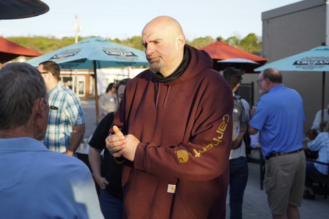 Pennsylvania Lt. Governor John Fetterman, who is running for the Democratic nomination for the U.S. Senate for Pennsylvania, greets supporters at a campaign stop, Tuesday, May 10, 2022, in Greensburg, Pa