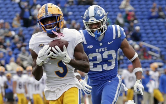 Pittsburgh wide receiver Jordan Addison (3) hauls in a pass for a touchdown against Duke safety Lummie Young IV (23) during the first half of an NCAA college football game Nov. 6, 2021, in Durham, N.C.