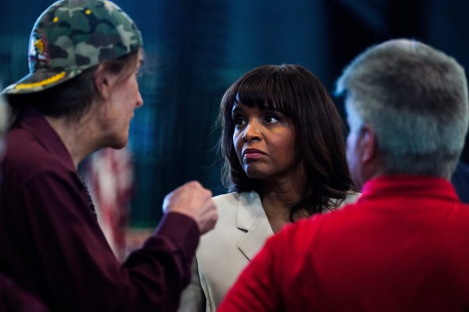 Kathy Barnette, a Republican candidate for U.S. Senate in Pennsylvania, meets with attendees at a forum in Newtown, Pa., Wednesday, May 11, 2022.