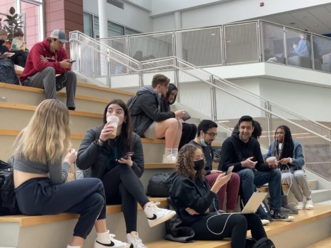 Students gather in the HUB-Robeson Center during Penn State's in-person spring 2022 semester.