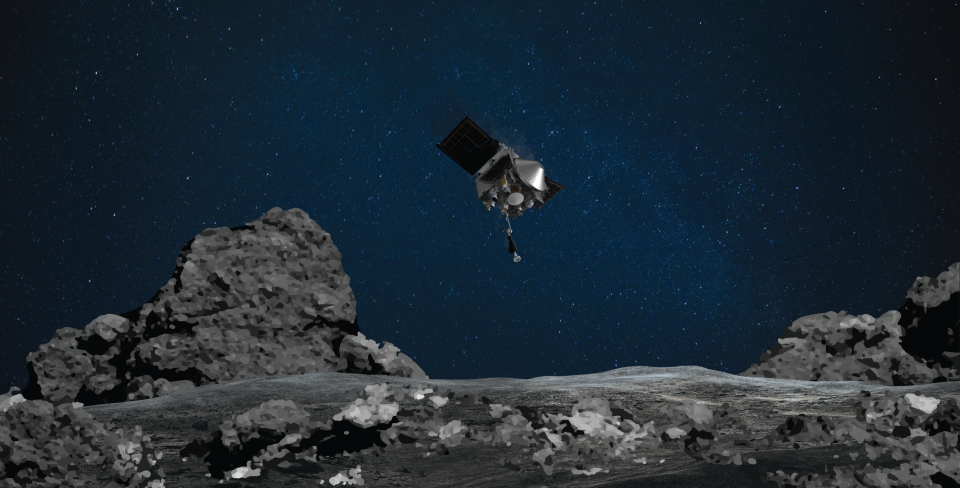 NASA's OSIRIS-REx is ready for touchdown on asteroid Bennu. On Aug. 11, the mission will perform its “Matchpoint” rehearsal – the second practice run of the Touch-and-Go (TAG) sample collection event. The rehearsal will be similar to the Apr. 14 “Checkpoint” rehearsal, which practiced the first two maneuvers of the descent, but this time the spacecraft will add a third maneuver, called the Matchpoint burn, and fly even closer to sample site Nightingale – reaching an altitude of approximately 131 ft (40 m) – before backing away from the asteroid.

This artist's rendering shows OSIRIS-REx spacecraft descending towards asteroid Bennu to collect a sample of the asteroid’s surface. (Aug 10, 2020)