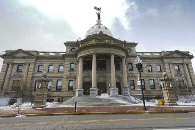 The refurbished county courthouse stands along Main Street in Washington, Pa., March 28, 2022. Many county improvements have been made possible because the funding made available through fees on shale gas drilling in the county.