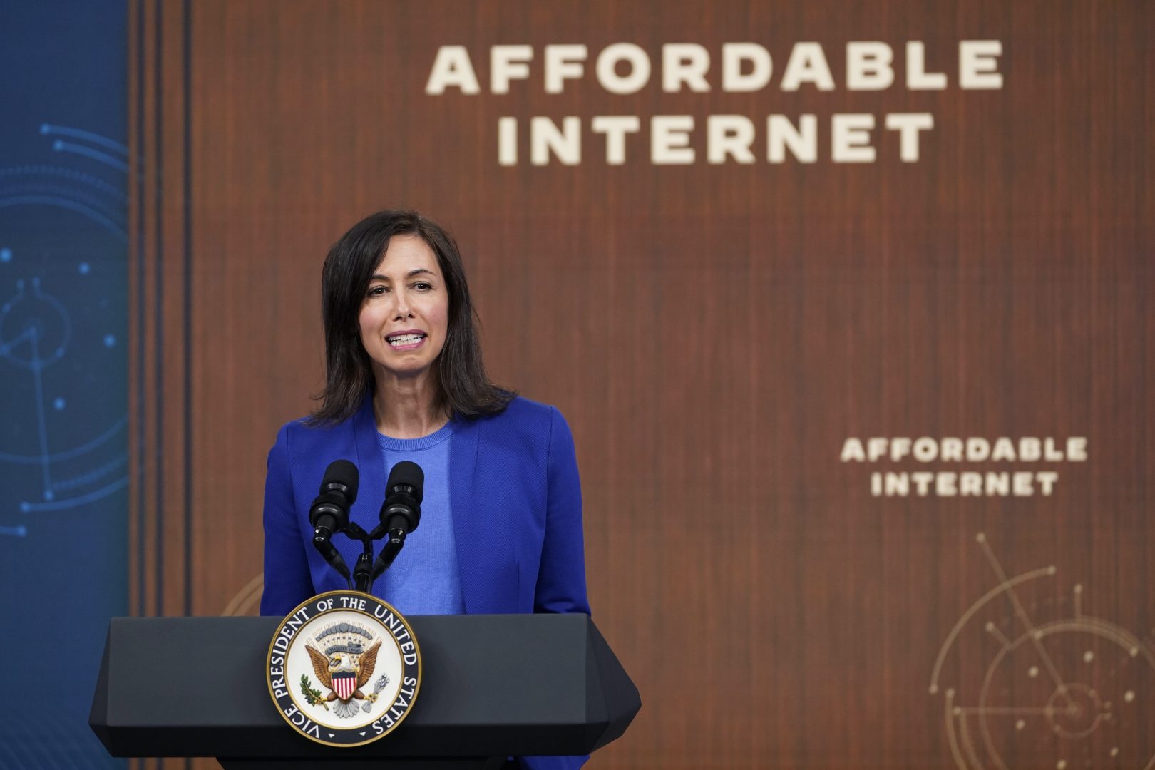 Federal Communications Commission Chairwoman Jessica Rosenworcel talks about the infrastructure law's investments in affordable, accessible high-speed internet from the South Court Auditorium on the White House complex in Washington, Monday, Feb. 14, 2022. 