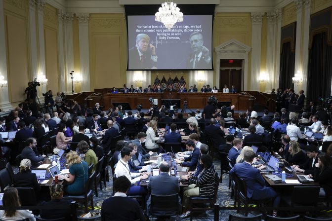 An exhibit is displayed as the House select committee investigating the Jan. 6 attack on the U.S. Capitol continues to reveal its findings of a year-long investigation, at the Capitol in Washington, Tuesday, June 21, 2022.