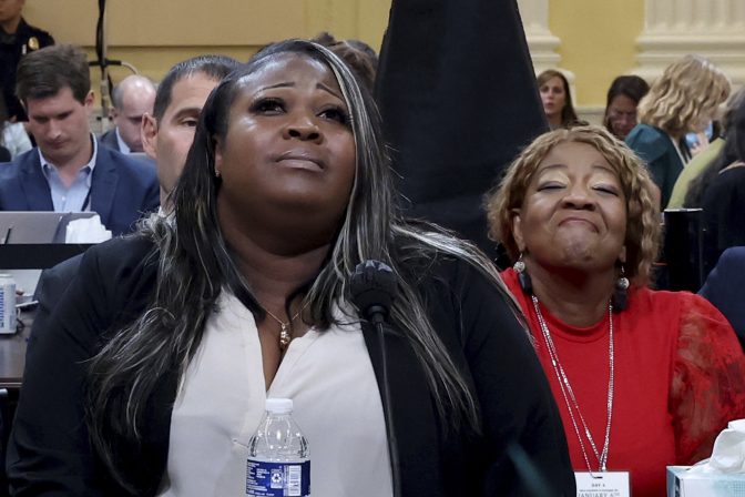 Wandrea "Shaye" Moss, a former Georgia election worker, testifies as he mother, Ruby Freeman listens, as the House select committee investigating the Jan. 6 attack on the U.S. Capitol continues to reveal its findings of a year-long investigation, at the Capitol in Washington, Tuesday, June 21, 2022.