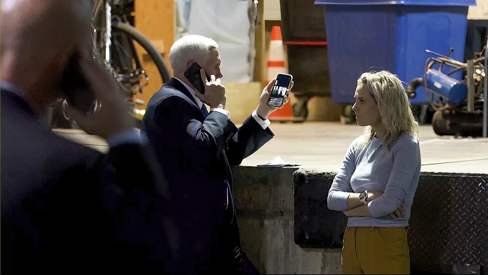In this image from video released by the House Select Committee, Vice President Mike Pence talks on a phone from his secure evacuation location on Jan. 6 that is displayed as House select committee investigating the Jan. 6 attack on the U.S. Capitol holds a hearing Thursday, June 16, 2022, on Capitol Hill in Washington. (House Select Committee via AP)