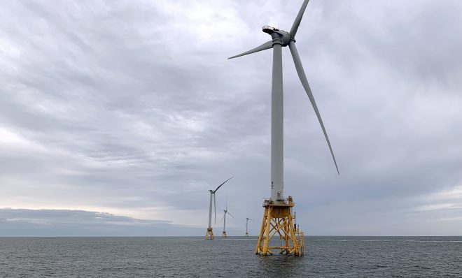 FILE - Deepwater Wind's turbines stand in the water off Block Island, R.I., on Aug. 23, 2019. The White House is launching a formal partnership with 12 East Coast governors to boost the growing offshore wind industry. It's a key element of President Joe Biden's plan for climate change.