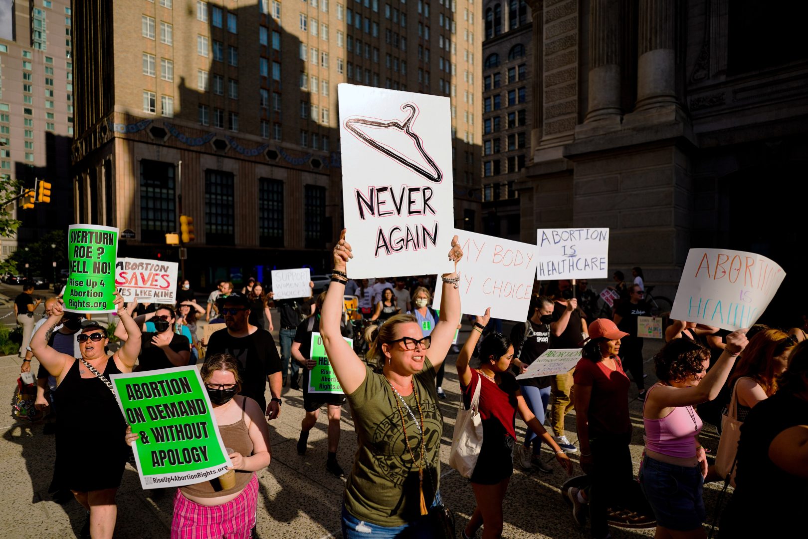 Abortion-rights advocates demonstrate in Philadelphia, Friday, June 24, 2022. The Supreme Court has ended constitutional protections for abortion that had been in place nearly 50 years in a decision by its conservative majority to overturn Roe v. Wade.