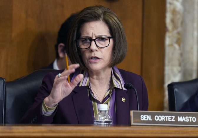 Sen. Catherine Cortez Masto, D-Nev., speaks during a Senate Energy and Natural Resources hearing to examine the President's proposed budget request for fiscal year 2023 for the Department of Energy, May 5, 2022, in Washington.
