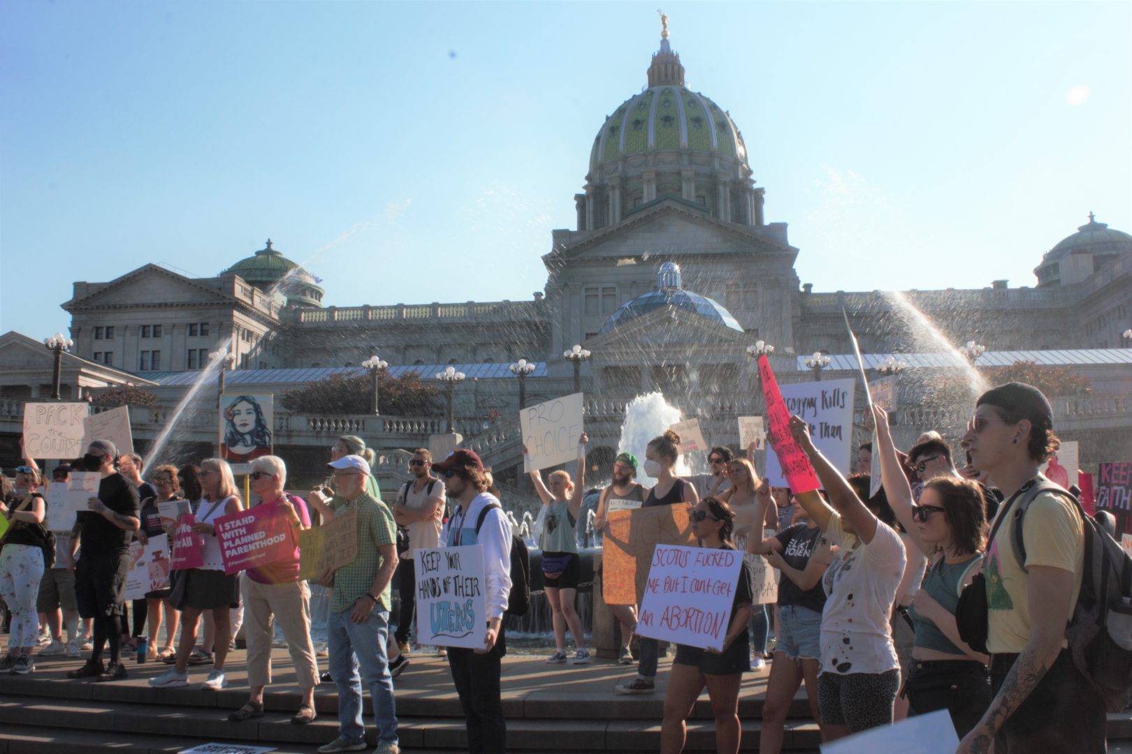 About 80 people protested the end of Roe v. Wade at the Pennsylvania State Capitol on June 24.