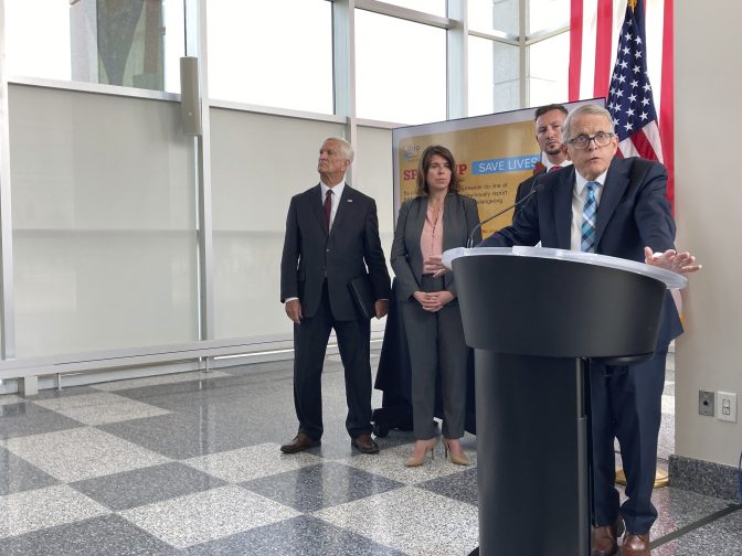 Ohio Gov. Mike DeWine discusses a law that gives school districts the option of arming trained school employees, on Monday, June 13, 2022, in Columbus, Ohio.