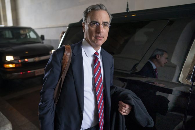 White House counsel Pat Cipollone departs the U.S. Capitol following defense arguments in the impeachment trial of President Donald Trump on charges of abuse of power and obstruction of Congress, in Washington, Saturday, Jan. 25, 2020.