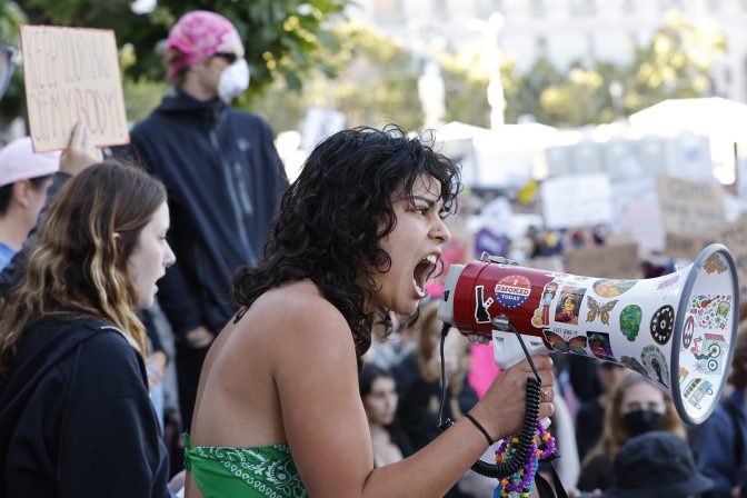 Maya Iribarren participates in an abortion-rights protest at City Hall in San Francisco following the Supreme Court's decision to overturn Roe v. Wade, Friday, June 24, 2022.