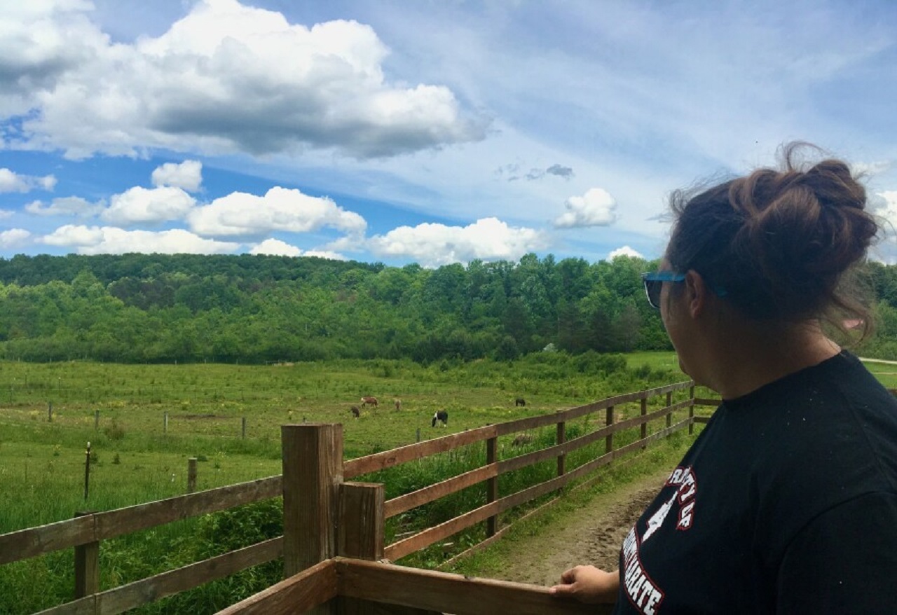 Amanda Balon, executive director of Big Maple Farms Natural Therapies in Ridgway Township, looking in the direction of a Bitcoin mining site she says can sound like a jet engine.