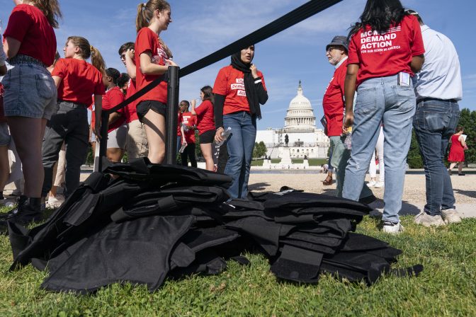 Body armor is piled up after a Students Demand Action event, near the West Front of the U.S. Capitol, Monday, June 6, 2022, in Washington.