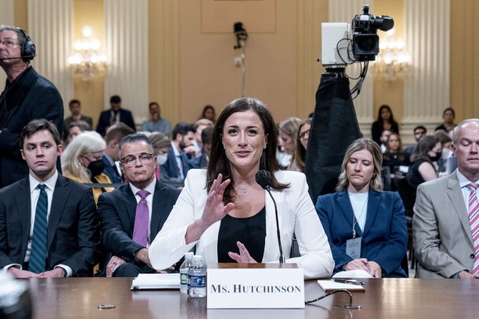 Cassidy Hutchinson, former aide to Trump White House chief of staff Mark Meadows, testifies as the House select committee investigating the Jan. 6 attack on the U.S. Capitol holds a hearing at the Capitol in Washington, Tuesday, June 28, 2022.