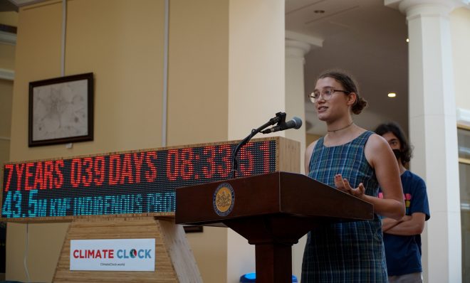 Elise Silvestri of Sunrise Pittsburgh speaks at a Pennsylvania Climate Convergence press conference in the East Wing of the Capitol complex on Monday, June 13, 2022