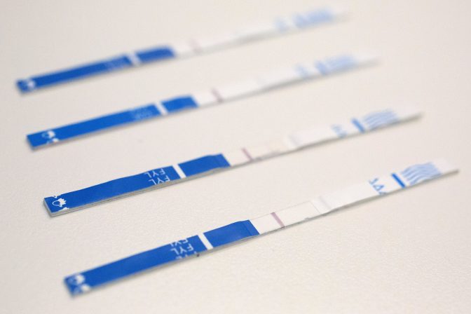 This May 10, 2018, file photo shows an arrangement of fentanyl test strips in New York.