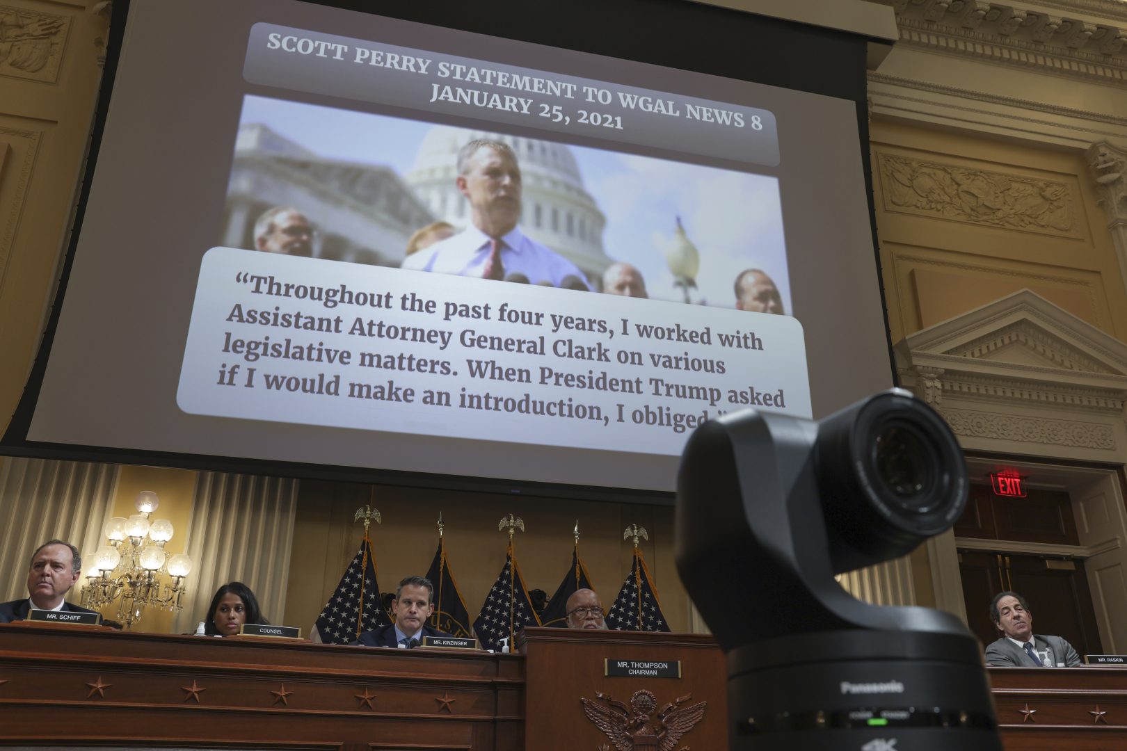 WASHINGTON, DC - JUNE 23: A video featuring Rep. Scott Perry (R-PA) is played during the fifth hearing by the House Select Committee to Investigate the January 6th Attack on the U.S. Capitol in the Cannon House Office Building on June 23, 2022 in Washington, DC. The bipartisan committee, which has been gathering evidence for almost a year related to the January 6 attack at the U.S. Capitol, is presenting its findings in a series of televised hearings. On January 6, 2021, supporters of former President Donald Trump attacked the U.S. Capitol Building during an attempt to disrupt a congressional vote to confirm the electoral college win for President Joe Biden. 