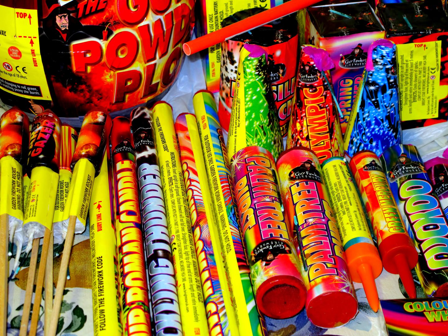 Sutton-in-Ashfield, Nottinghamshire, UK.  A selection of various home fireworks taken on a table top on the 5th November 2011.
