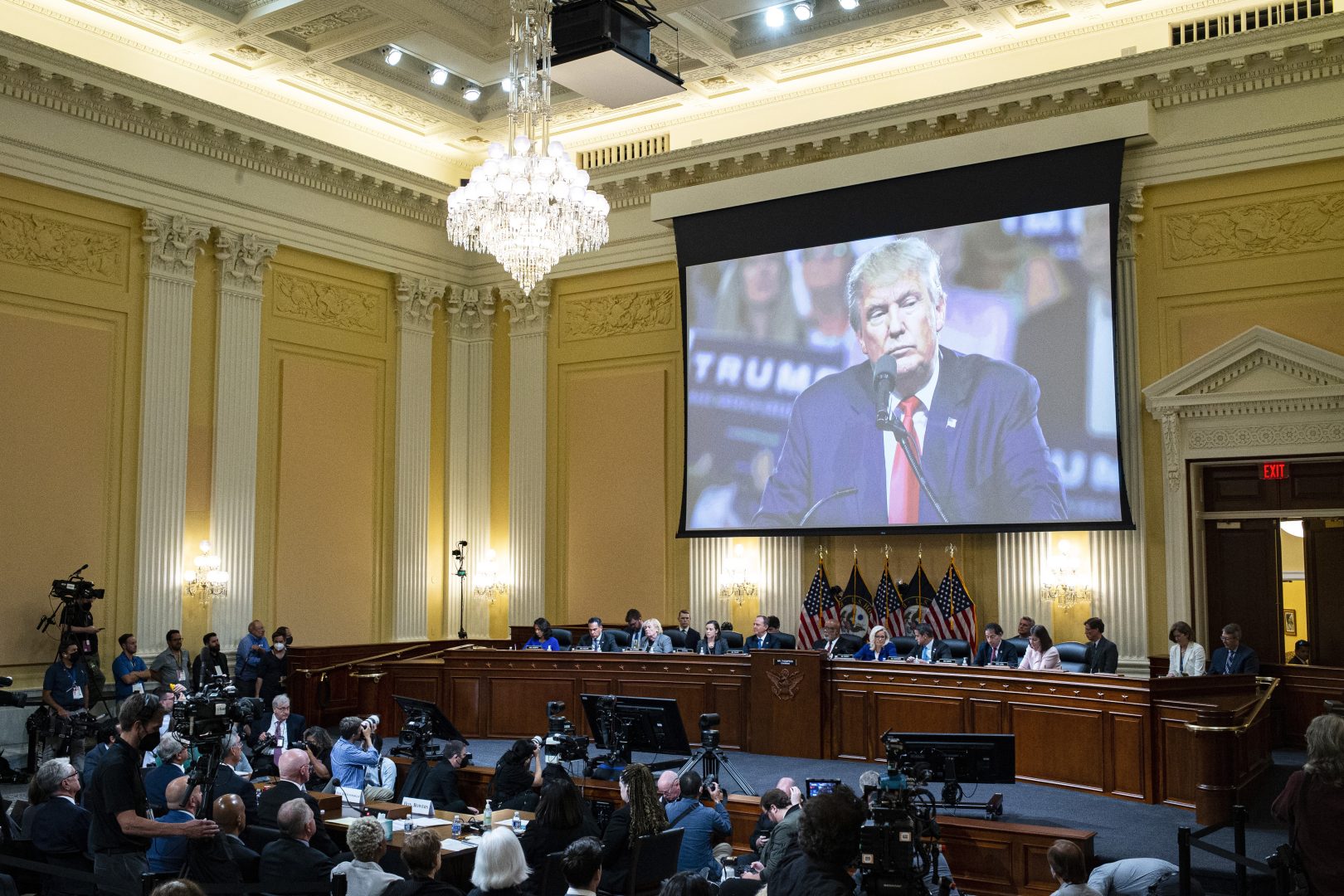 An image of former President Donald Trump is displayed as the House select committee investigating the Jan. 6 attack on the U.S. Capitol continues to reveal its findings of a year-long investigation, at the Capitol in Washington, Tuesday, June 21, 2022.  