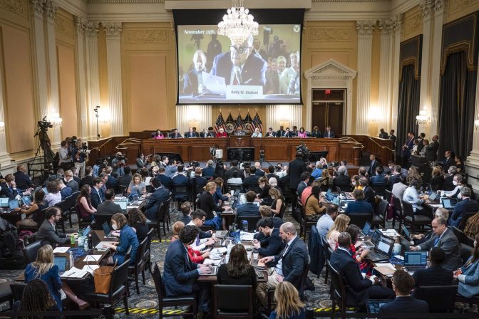 A video is played as an exhibit as the House select committee investigating the Jan. 6 attack on the U.S. Capitol continues to reveal its findings of a year-long investigation, at the Capitol in Washington, Monday, June 13, 2022.