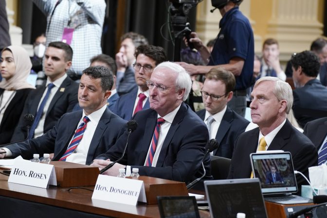 Steven Engel, former Assistant Attorney General for the Office of Legal Counsel, from left, Jeffrey Rosen, former acting Attorney General, and Richard Donoghue, former acting Deputy Attorney General, testify as the House select committee investigating the Jan. 6 attack on the U.S. Capitol continues to reveal its findings of a year-long investigation, at the Capitol in Washington, Thursday, June 23, 2022.