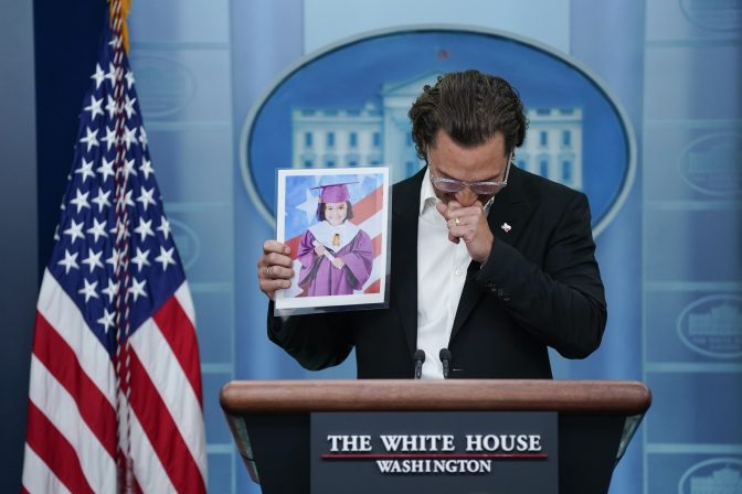 Actor Matthew McConaughey holds an image of Alithia Ramirez, 10, who was killed in the mass shooting at an elementary school in Uvalde, Texas, as he speaks during a press briefing at the White House, Tuesday, June 7, 2022, in Washington.