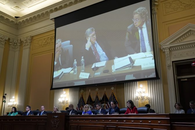 A video showing former Attorney General William Barr speaking during an interview with the Jan. 6th Committee is shown as committee members from left to right, Rep. Stephanie Murphy, D-Fla., Rep. Pete Aguilar, D-Calif., Rep. Adam Schiff, D-Calif., Rep. Zoe Lofgren, D-Calif., Chairman Bennie Thompson, D-Miss., Vice Chair Liz Cheney, R-Wyo., Rep. Adam Kinzinger, R-Ill., Rep. Jamie Raskin, D-Md., and Rep. Elaine Luria, D-Va., look on, as the House select committee investigating the Jan. 6 attack on the U.S. Capitol holds its first public hearing to reveal the findings of a year-long investigation, at the Capitol in Washington, Thursday, June 9, 2022.