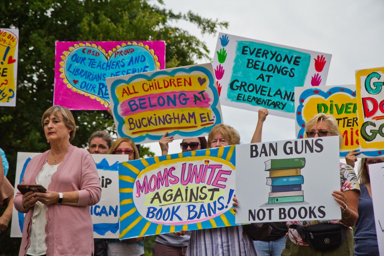 Parents, students, and teachers rallied ahead of the Central Bucks School District’s vote to remove books perceived to have sexualized content from their libraries outside the district’s headquarters in Doylestown on July 26, 2022. (