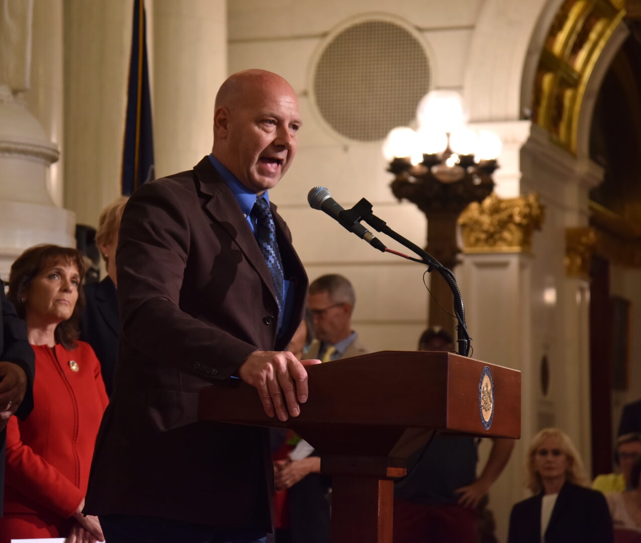 State Sen. Doug Mastriano (R-Franklin), the 2022 Republican candidate for governor, addresses a crowd gathered for a rally celebrating William Penn in the state Capitol rotunda in Harrisburg on July 1, 2022. 