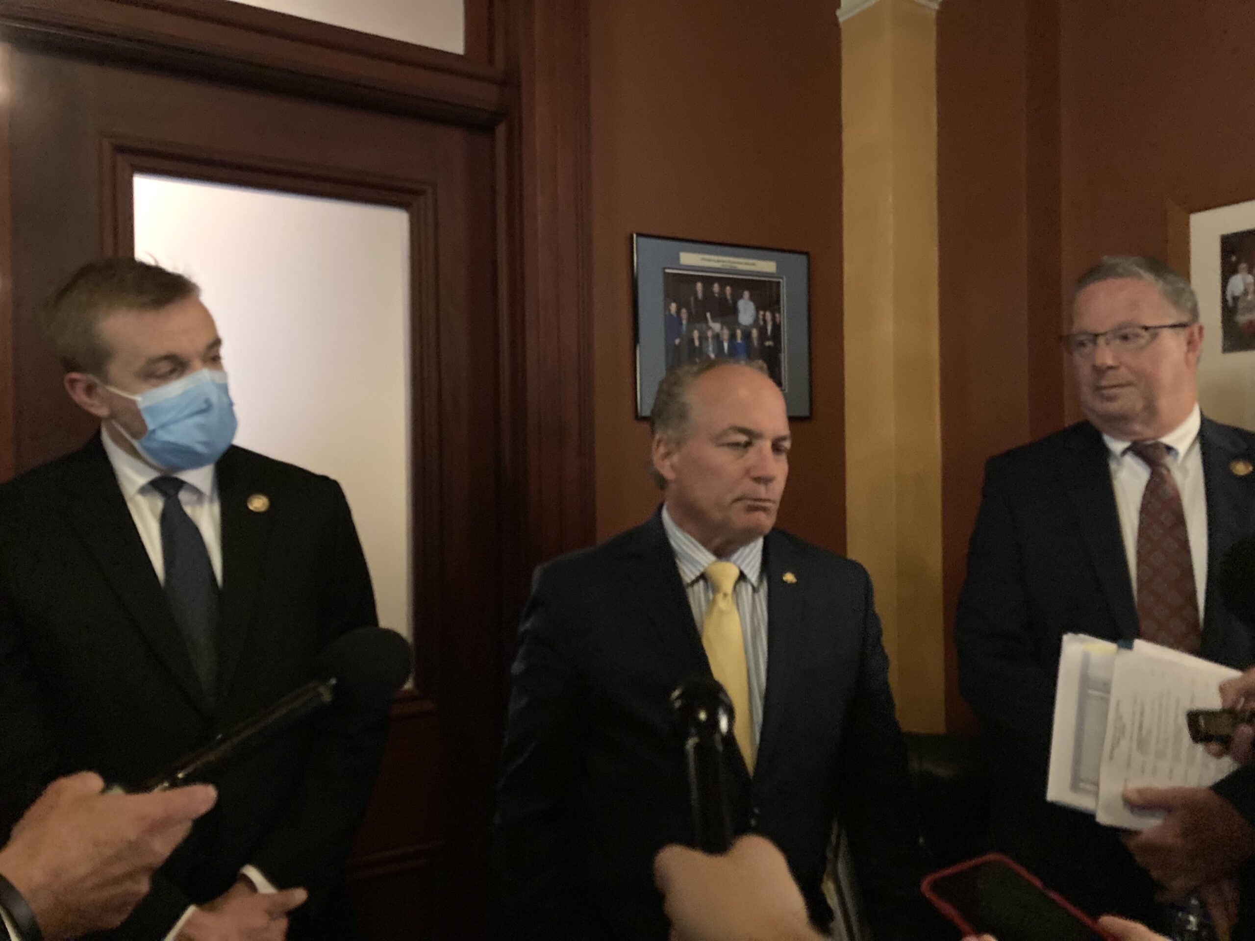 From left, House Speaker Bryan Cutler (R-Lancaster), Majority Leader Kerry Benninghoff (R-Centre) and House Republican Appropriations Chair Stan Saylor (R-York) speak to the press about ongoing budget negotiations at the state Capitol in Harrisburg on July 1, 2022.