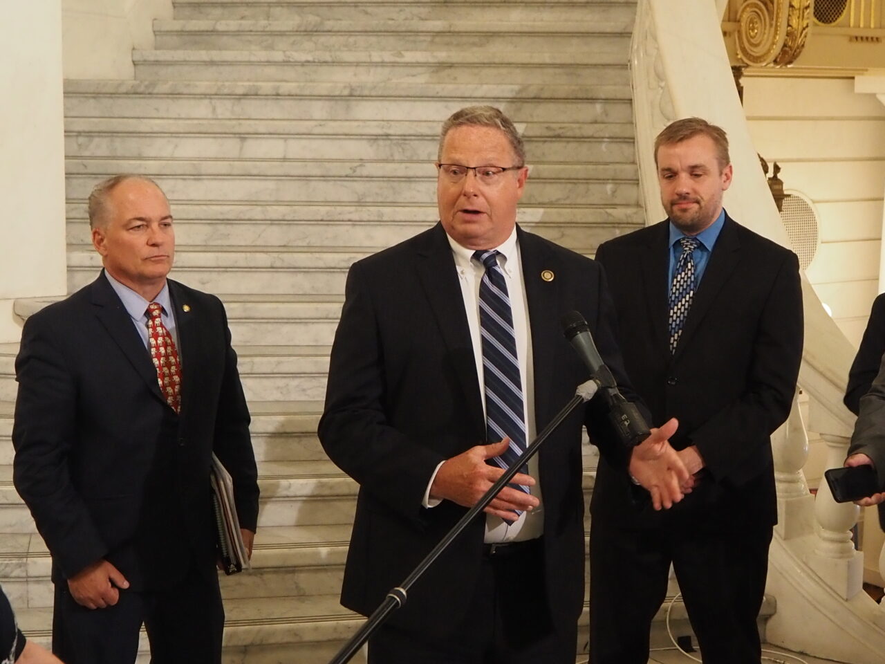 From left, House Majority Leader Kerry Benninghoff (R-Centre), Appropriations Chair Stan Saylor (R-York) and House Speaker Bryan Cutler (R-Lancaster) announce details of a $45 billion state budget deal at the state Capitol in Harrisburg on July 7, 2022.