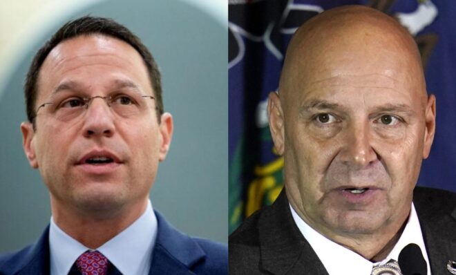 Attorney General Josh Shapiro, left, and Sen. Doug Mastriano, right.