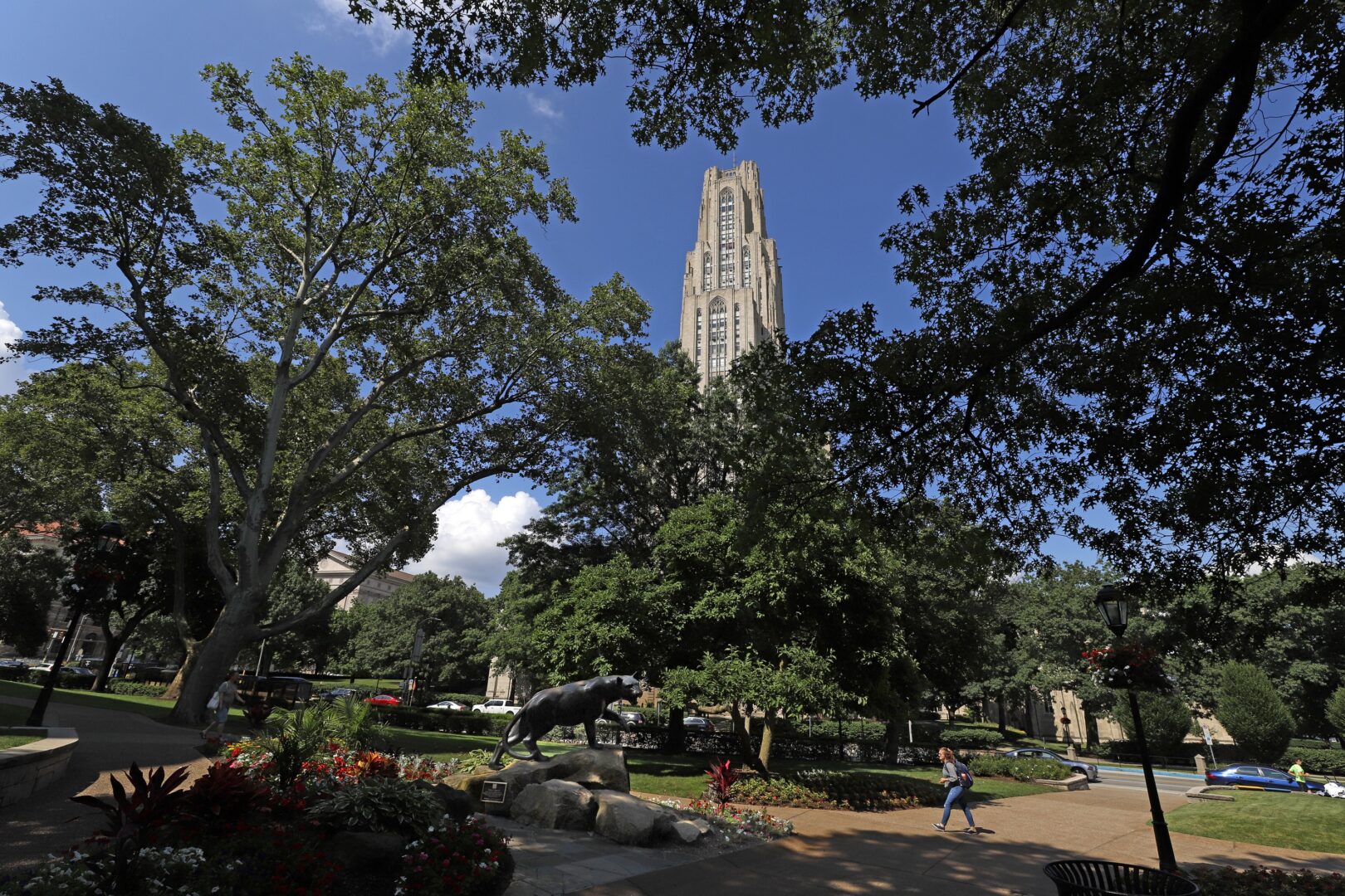 The Cathedral of Learning towers over the University of Pittsburgh campus in the Oakland section of Pittsburgh Monday, July 8, 2019. 