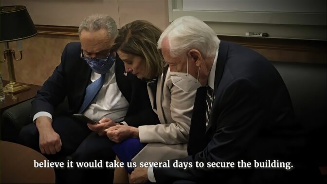This exhibit from video released by the House Select Committee, shows Senate Minority Leader Chuck Schumer of N.Y., House Speaker Nancy Pelosi of Calif., and Rep. Steny Hoyer, D-Md., in a secure location at the Capitol on Jan. 6, displayed at a hearing by the House select committee investigating the Jan. 6 attack on the U.S. Capitol, Thursday, July 21, 2022, on Capitol Hill in Washington. 