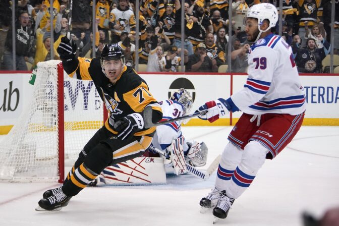 Pittsburgh Penguins' Evgeni Malkin (71) celebrates after his goal during the second period in Game 6 of an NHL hockey Stanley Cup first-round playoff series against the New York Rangers in Pittsburgh, May 13, 2022.