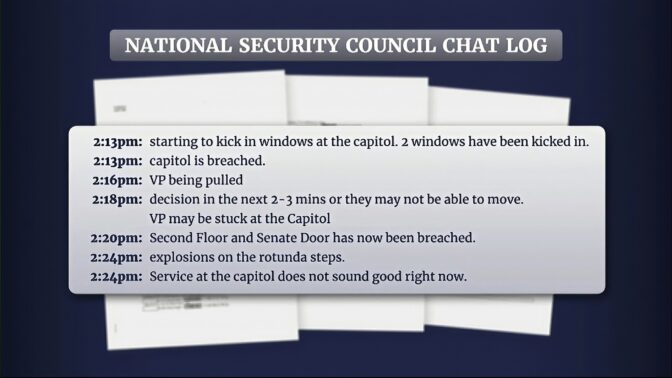 This exhibit from video released by the House Select Committee, shows a national security council chat log, displayed at a hearing by the House select committee investigating the Jan. 6 attack on the U.S. Capitol, Thursday, July 21, 2022, on Capitol Hill in Washington. 