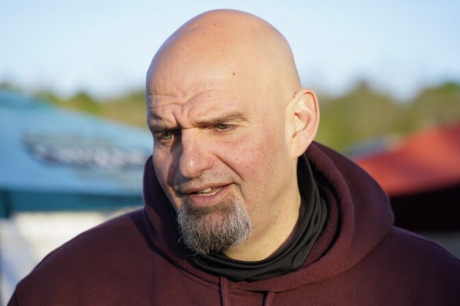 Pennsylvania Lt. Governor John Fetterman, who won the Democratic nomination to run for the U.S. Senate for Pennsylvania, in November, greets supporters at a campaign stop May 10, 2022 in Greensburg