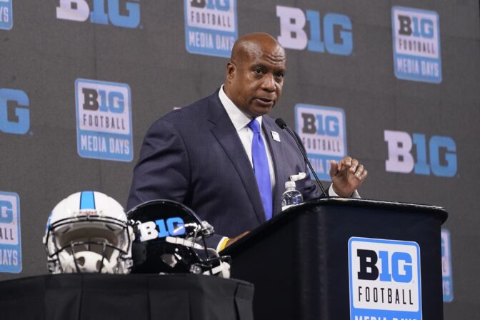 Big Ten Commissioner Kevin Warren talks to reporters during an NCAA college football news conference at the Big Ten Conference media days, at Lucas Oil Stadium, Tuesday, July 26, 2022, in Indianapolis.