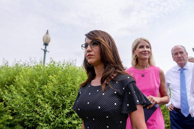 Members of the House Freedom Caucus from left, Rep. Lauren Boebert, R-Colo., Rep. Mary Miller, R-Ill., and Rep. Dan Bishop, R-N.C., leave a news conference on Capitol Hill in Washington, Thursday, July 29, 2021. 