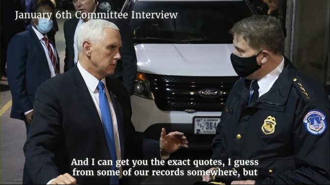 This exhibit from video released by the House Select Committee, shows a photo of Vice President Mike Pence talking from his secure loading dock location, displayed at a hearing by the House select committee investigating the Jan. 6 attack on the U.S. Capitol, Thursday, July 21, 2022, on Capitol Hill in Washington.