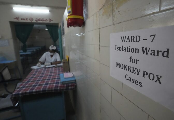 A health worker works at a monkeypox ward set up at a government hospital in Hyderabad, India, Wednesday, July 20, 2022. India recorded its first monkeypox case earlier last week.
