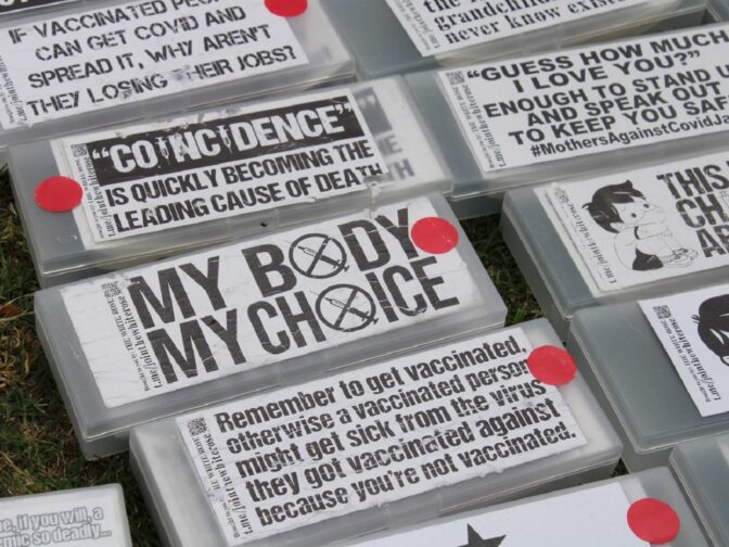 The phrase "My Body, My Choice" was ubiquitous at an April rally against vaccine mandates in Los Angeles. The slogan started as an abortion rights catchphrase, but has become a favorite of vaccine skeptics.