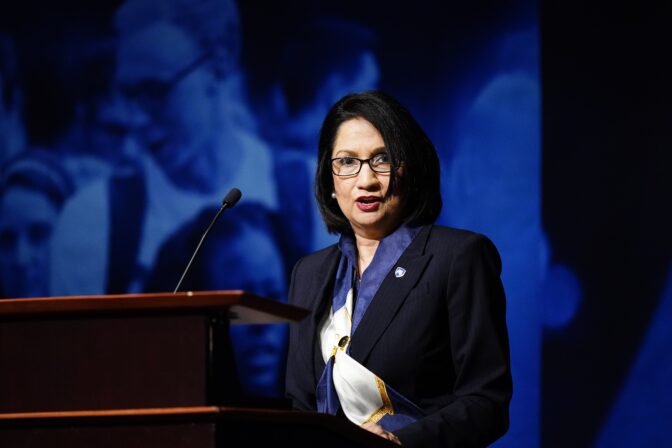 Neeli Bendapudi speaks during a meeting of the Penn State Board of Trustees, Thursday, Dec. 9, 2021, in State College, Pa.