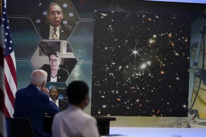 President Joe Biden listens during a briefing from NASA officials about the first images from the Webb Space Telescope, the highest-resolution images of the infrared universe ever captured, in the South Court Auditorium on the White House complex, Monday, July 11, 2022, in Washington.