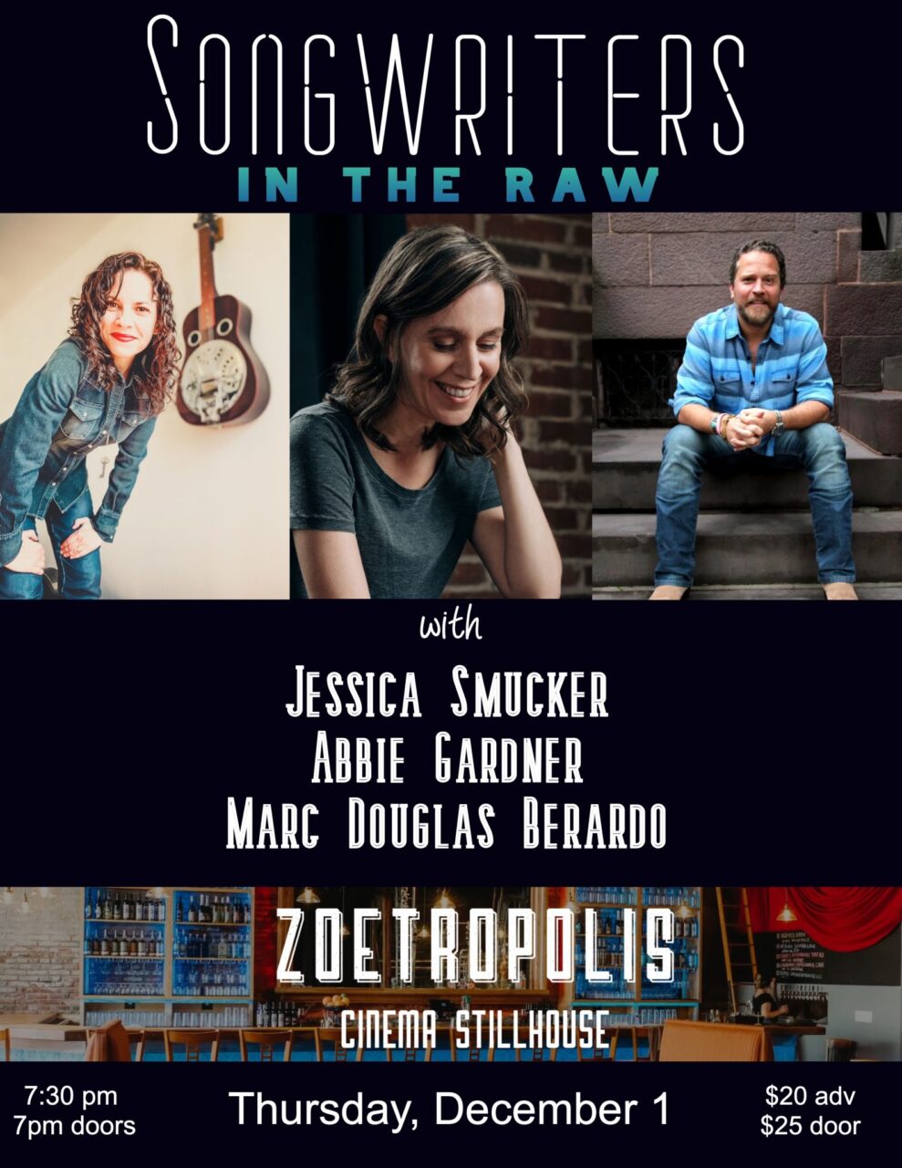 An advertisement for Songwriters in the Raw at Zoetropolis