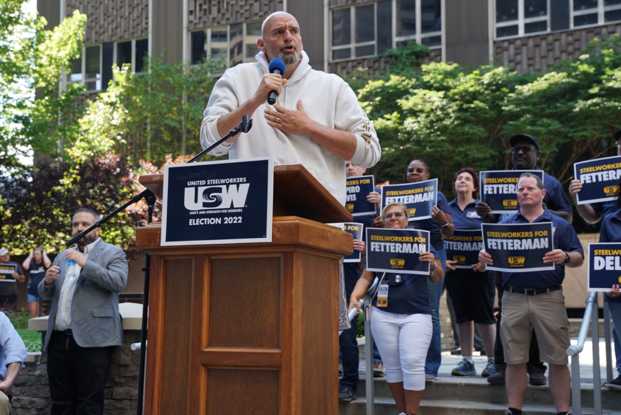 US Senate candidate John Fetterman speaks to a gathering of Steelworkers on August 23, 2022
